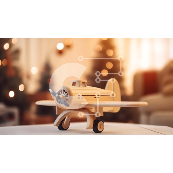 Puzzle din lemn Intrahome, avion pe masa cu brad de Craciun, 10x10 cm, 25 piese, cutie din lemn wenge