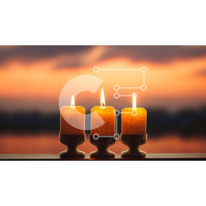 Puzzle din lemn Intrahome, 25 piese, 10x10 cm, imagine cu trei lumanari pe o masa de lemn, cutie din lemn wenge.