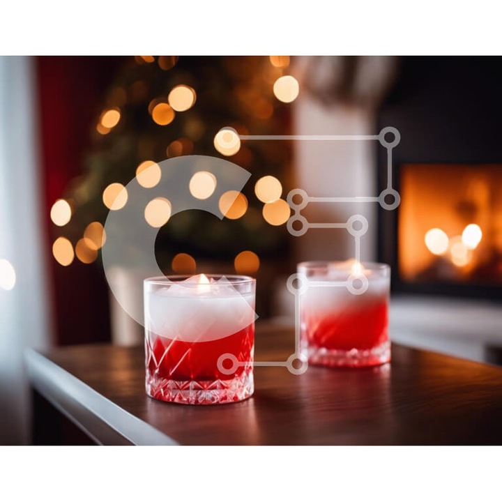 Puzzle din lemn Intrahome, 10x10 cm, 25 piese, 2 pahare rosii pe masa de lemn, cutie din lemn wenge