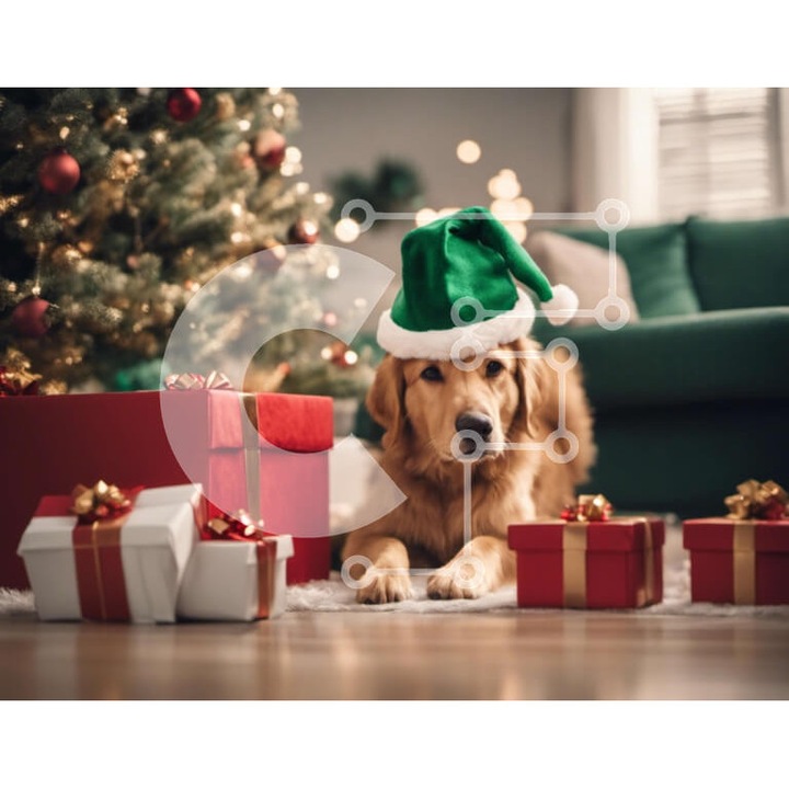 Puzzle din lemn Intrahome - Caine auriu cu palarie de Mos Craciun, 10x10 cm, 25 piese, cutie din lemn wenge
