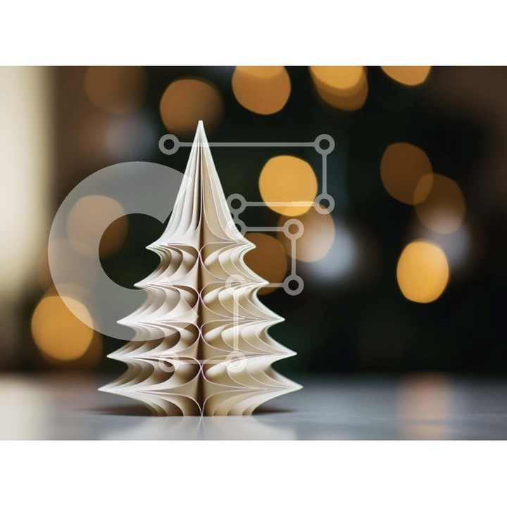 Puzzle din lemn Intrahome - Diplomeno brad de Craciun Origami pe masa, 10x10 cm, 25 piese, cutie din lemn wenge