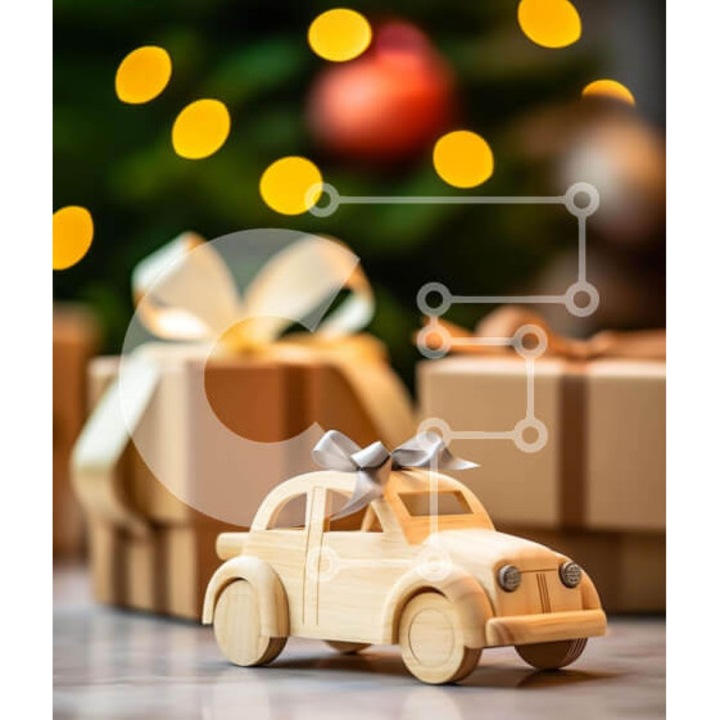 Puzzle din lemn Intrahome, masinuta din lemn, 25 piese, 10x10cm, cutie din lemn wenge