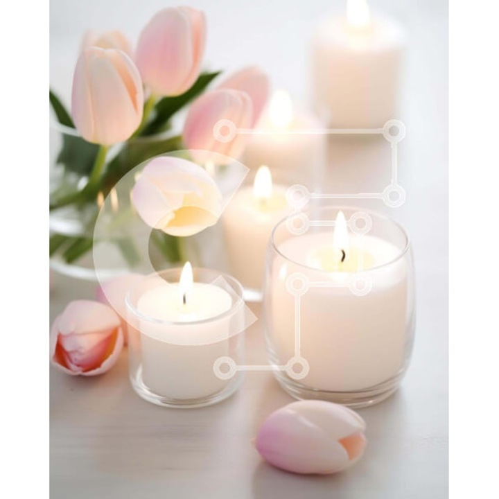 Puzzle din lemn Intrahome, 10x10cm, 25 piese, imagine cu masa alba si lumanari aprinse, cutie din lemn wenge