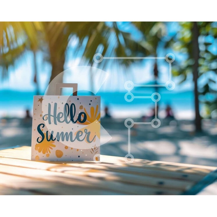 Puzzle din lemn Intrahome, scena de plaja cu palmieri si mesaj "Buna, vara", 10x10 cm, 25 piese, cutie din lemn wenge.