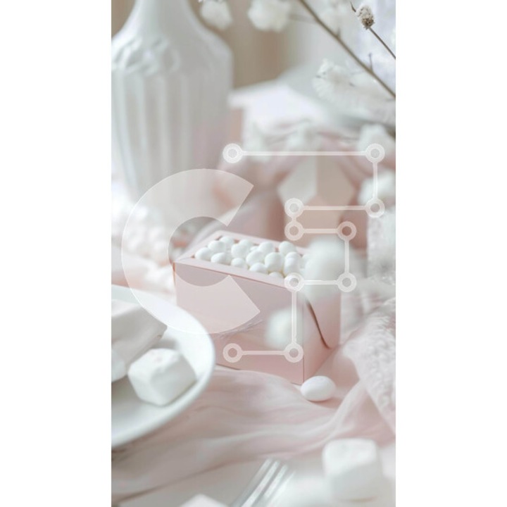 Puzzle din lemn Intrahome, 10x10 cm, 25 piese, design masa cu marshmallows roz, cutie din lemn wenge