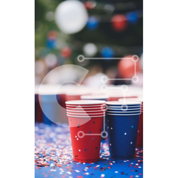 Puzzle din lemn Intrahome, 25 piese, 10x10 cm, imagine cu pahare rosii, albe si albastre pe masa, cutie din lemn wenge