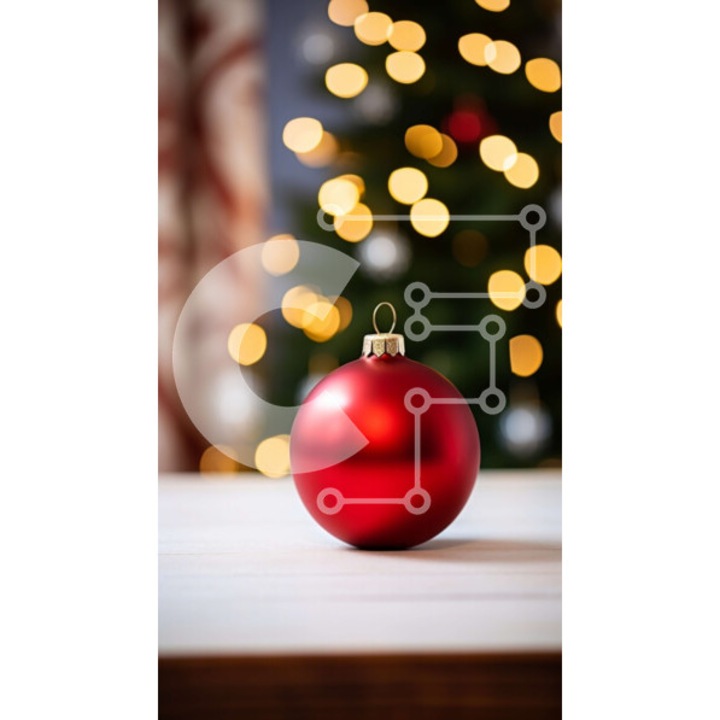 Puzzle din lemn Intrahome, 25 piese, 10x10 cm, imagine cu minge rosie pe masa de lemn cu brad de Craciun, cutie din lemn wenge