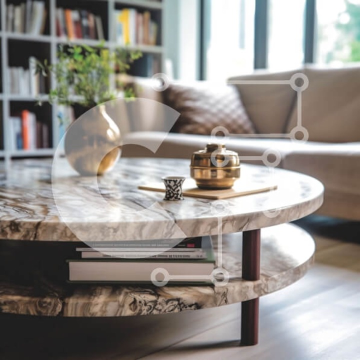 Puzzle din lemn Intrahome, 10x10 cm, 25 piese, design salon cu masa din marmura si baza aurie, cutie din lemn wenge