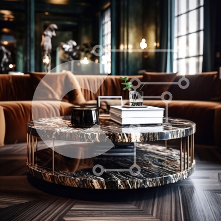 Puzzle din lemn Intrahome, 10x10 cm, 25 piese, design modern cu masa din marmura neagra si canapele din piele, set in cutie de lemn