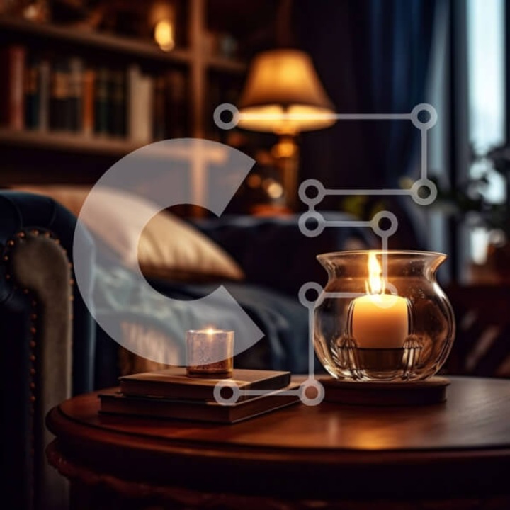 Puzzle din lemn Intrahome - Aneto saloni cu masa si candela, 10x10 cm, 25 piese, cutie din lemn wenge