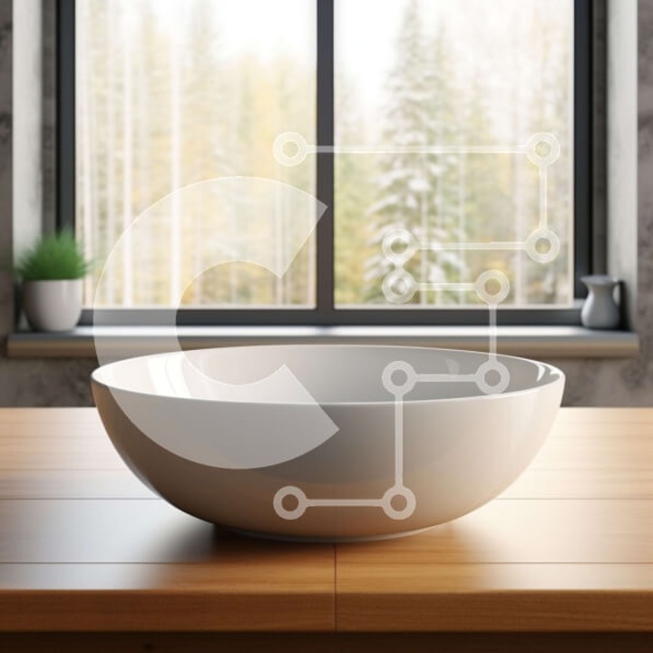 Puzzle din lemn Intrahome, 10x10cm, 25 piese, ceramica alba, pe masa din lemn cu vedere la padure, cutie din lemn wenge.