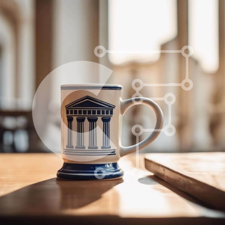 Puzzle din lemn Intrahome, 10x10 cm, 25 piese, imagine cu cana albastra si alba pe masa de lemn, cutie de lemn wenge