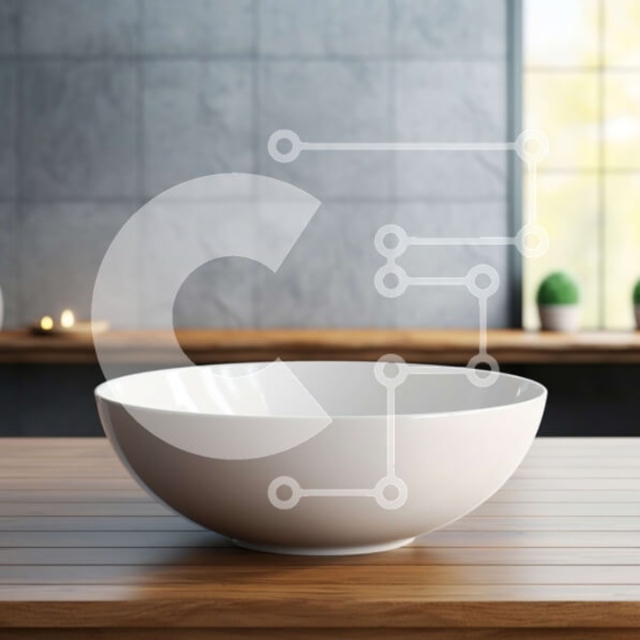 Puzzle Intrahome, 25 piese, 10x10 cm, imagine cu un portelan alb pe o masa de lemn, cutie din lemn wenge