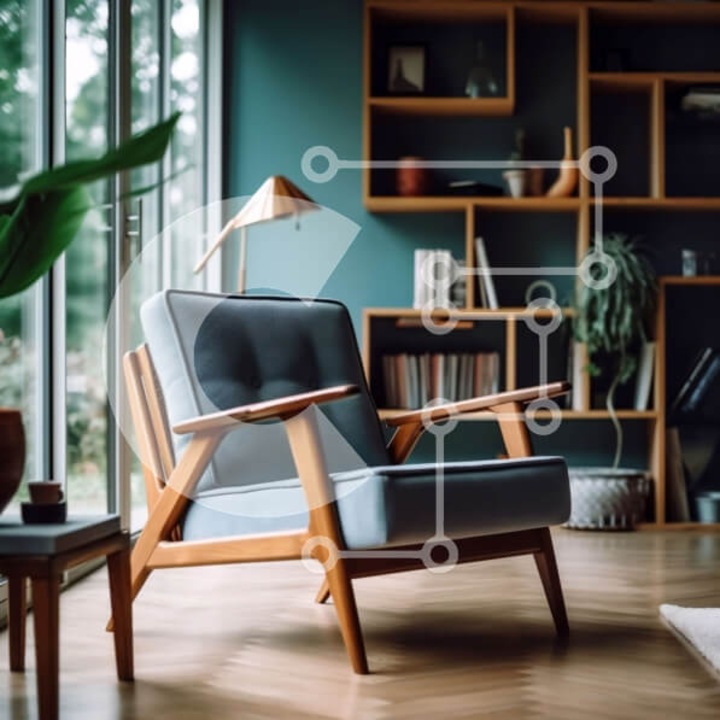 Puzzle din lemn Intrahome, 10x10cm, 25 piese, design modern cu perete albastru, set in cutie de lemn wenge