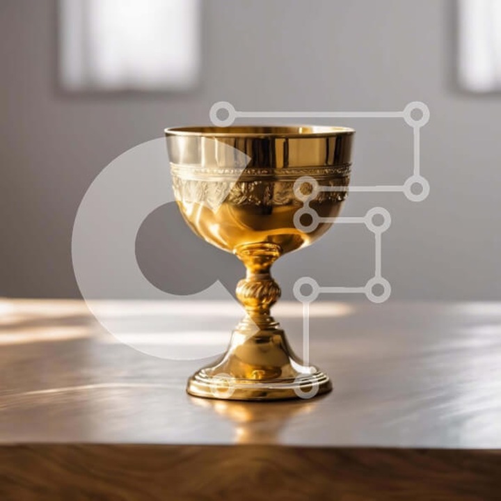 Puzzle Intrahome, 10x10 cm, 25 piese, imagine cu cupa aurie pe masa de lemn, cutie din lemn wenge