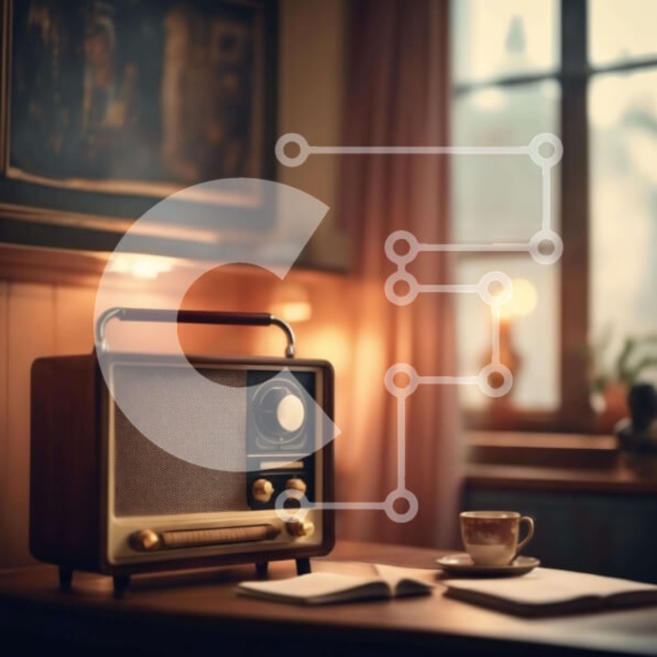 Puzzle din lemn Intrahome, radiophono vintage si doua cesti de cafea pe masa, 10x10 cm, 25 piese, cutie din lemn wenge