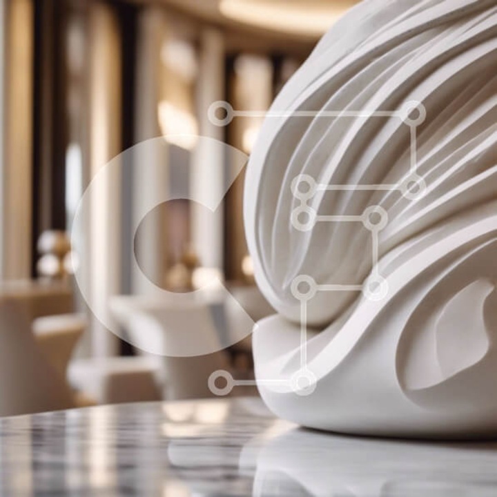 Puzzle din lemn Intrahome, 10x10 cm, 25 piese, camera eleganta cu sculptura alba pe masa de marmura, cutie din lemn wenge