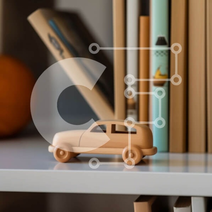 Puzzle Intrahome, 10x10 cm, 25 piese, imagine cu masinuta din lemn, cutie din lemn wenge