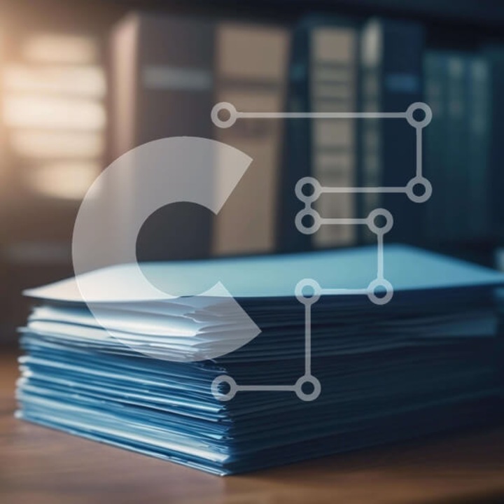 Puzzle din lemn Intrahome, 10x10 cm, 25 piese, imagine cu dosare albastre, cutie din lemn wenge