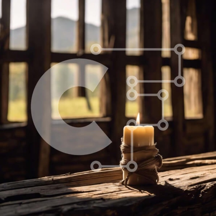 Puzzle din lemn Intrahome, 10x10cm, 25 piese, imagine cu candela pe masa de lemn, cutie din lemn wenge