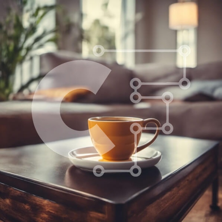 Puzzle din lemn Intrahome, 10x10 cm, 25 piese, imagine cu cafea pe masa, cutie din lemn wenge