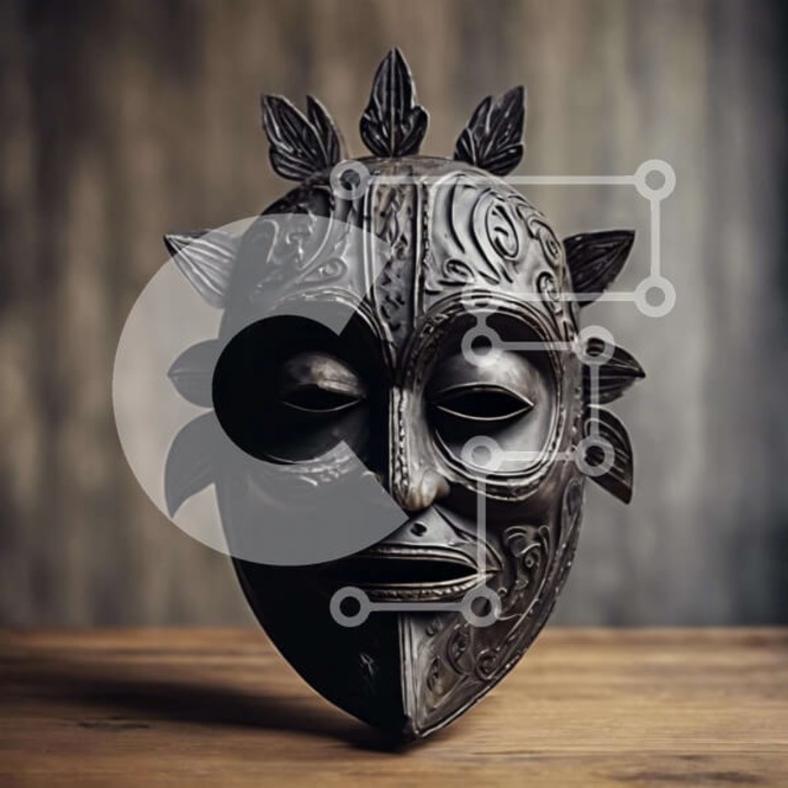 Puzzle din lemn Intrahome, 10x10 cm, 25 piese, masca neagra pe masa de lemn, cutie din lemn wenge