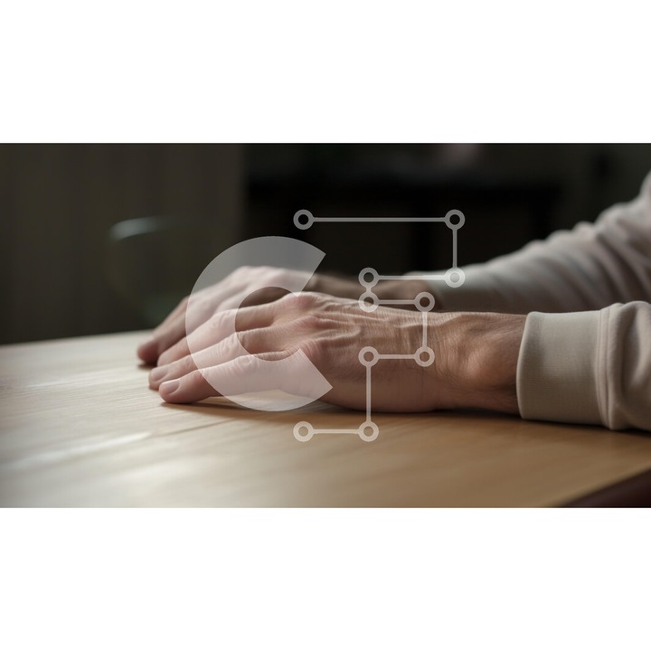 Puzzle din lemn Intrahome, 10x10 cm, 25 piese, imagine cu maini pe o masa din lemn, cutie din lemn wenge