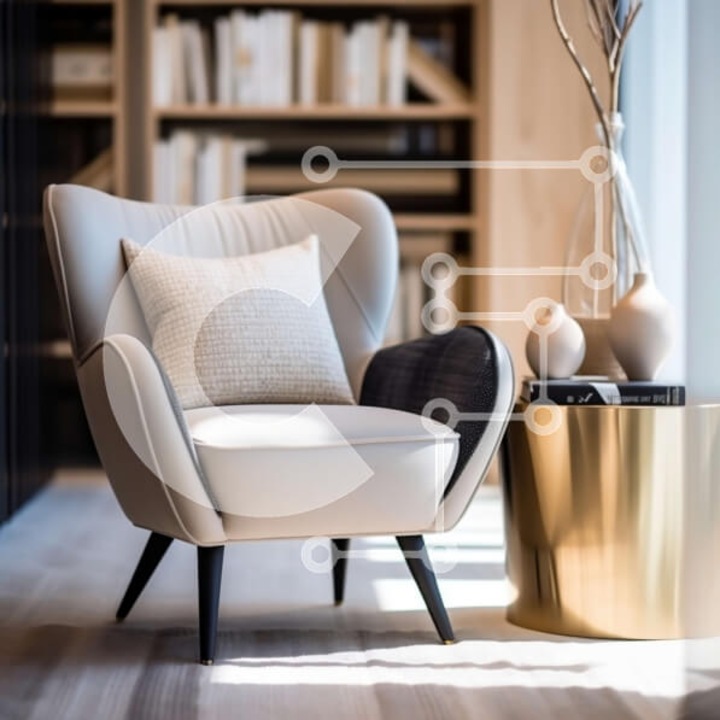 Puzzle din lemn Intrahome, design modern cu fotoliu alb din piele si masa aurie, 10x10 cm, 25 piese, set in cutie de lemn