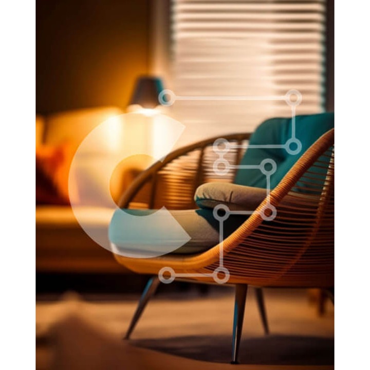 Puzzle din lemn Intrahome, 10x10 cm, 25 piese, imagine salon modern cu canapea din piele, masa din lemn si fotoliu albastru, cutie din lemn wenge.