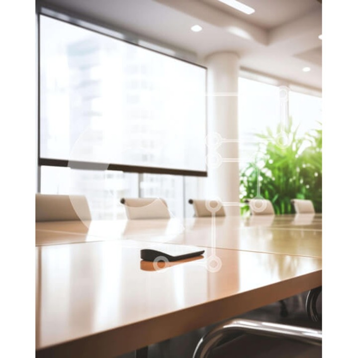 Puzzle din lemn Intrahome, 10x10cm, 25 piese, imagine cu masa de conferinta in spatiu deschis, cutie din lemn wenge