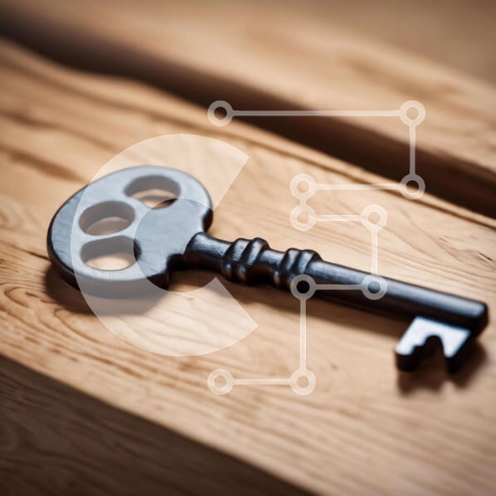 Puzzle din lemn Intrahome, 10x10 cm, 25 piese, imagine cu cheie neagra pe masa din lemn