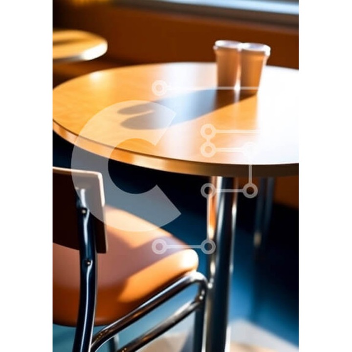 Puzzle din lemn Intrahome, imagine cu masa de cafea si scaune portocalii, 10x10 cm, 25 piese, cutie din lemn wenge.