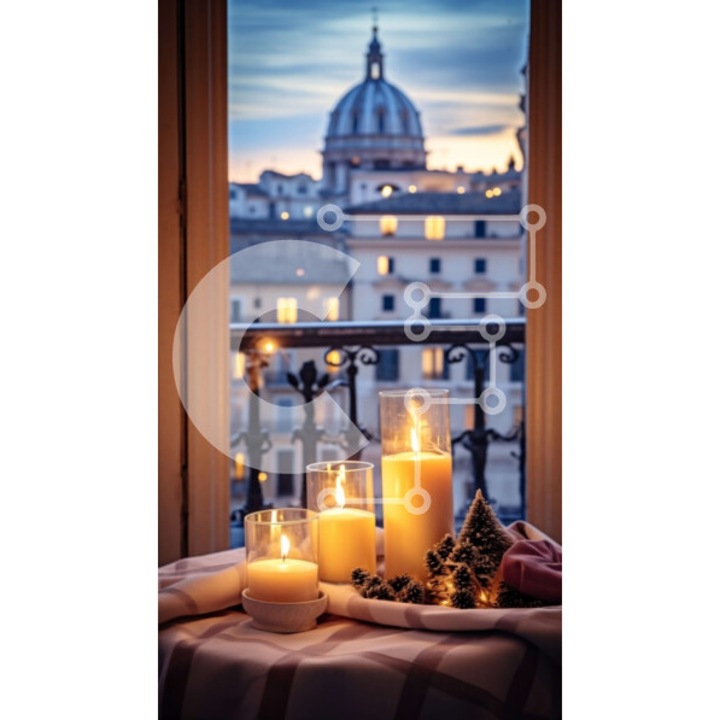 Puzzle din lemn Intrahome - Tria lumanari pe masa cu vedere la orizont, 10x10 cm, 25 piese, in cutie de lemn