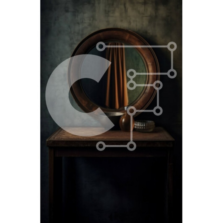 Puzzle din lemn Intrahome, design interior cu masa din lemn, oglinda sculptata, cutie din lemn, 10x10 cm, 25 piese