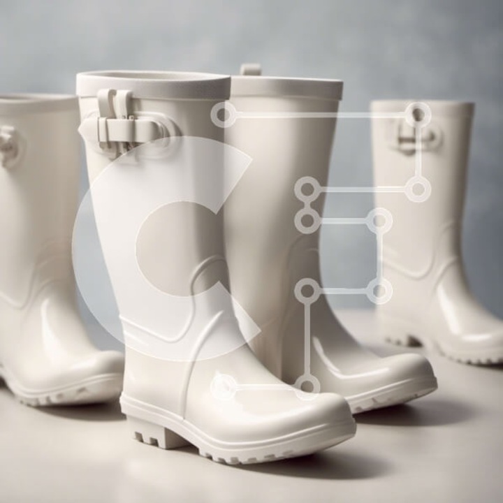 Puzzle din lemn Intrahome - set 25 piese, 10x10 cm, imagine cu bocanci albi pe o masa, cutie din lemn wenge