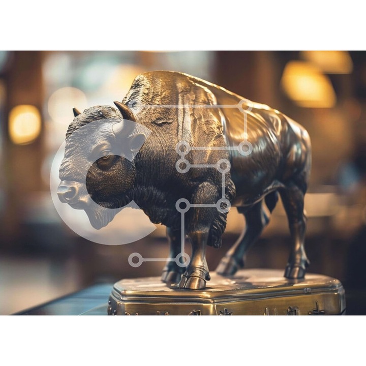 Puzzle din lemn Intrahome, 10x10 cm, 25 piese, imagine bison pe masa, cutie din lemn wenge