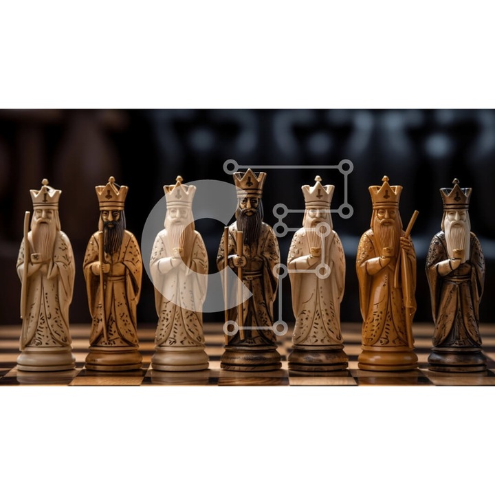 Puzzle din lemn Intrahome, 10x10 cm, 25 piese, design cu cai si regi, cutie din lemn wenge