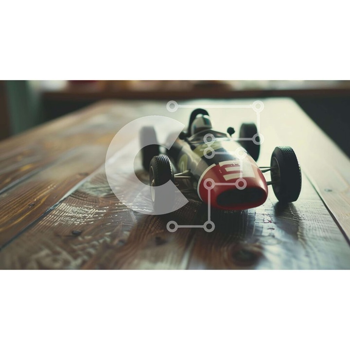 Puzzle Intrahome, 10x10 cm, 25 piese, imagine cu automobil pe masa veche, cutie din lemn wenge