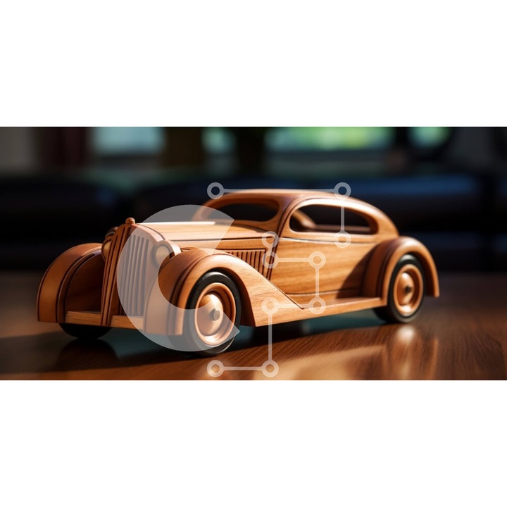 Puzzle din lemn Intrahome, model masina pe masa, 25 piese, 10x10 cm, cutie din lemn wenge