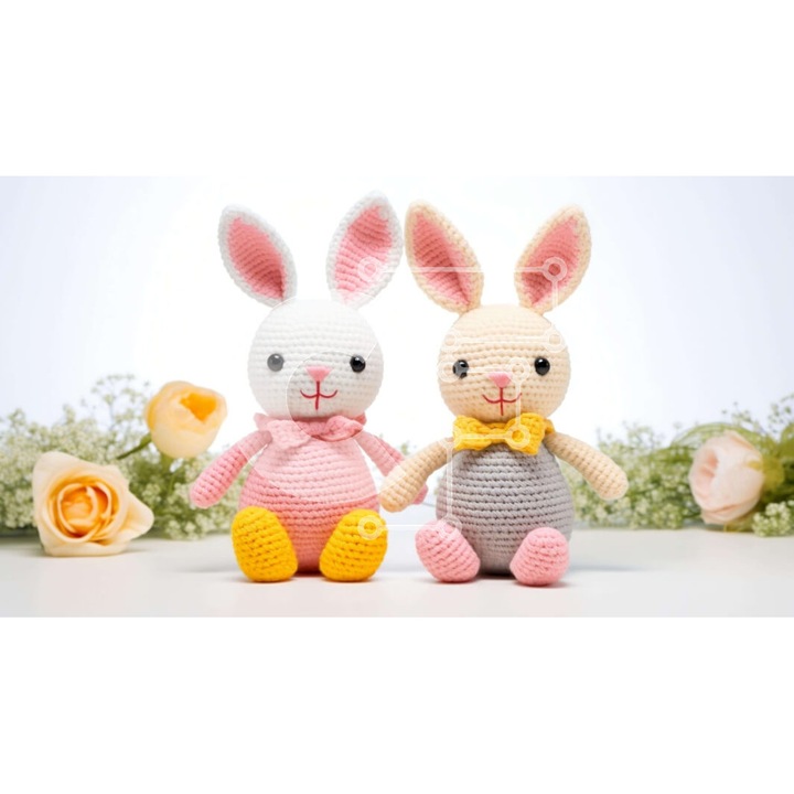 Puzzle din lemn Intrahome, 10x10 cm, 25 piese, design cu iepurasi roz si galbeni pe masa alba, cutie din lemn wenge