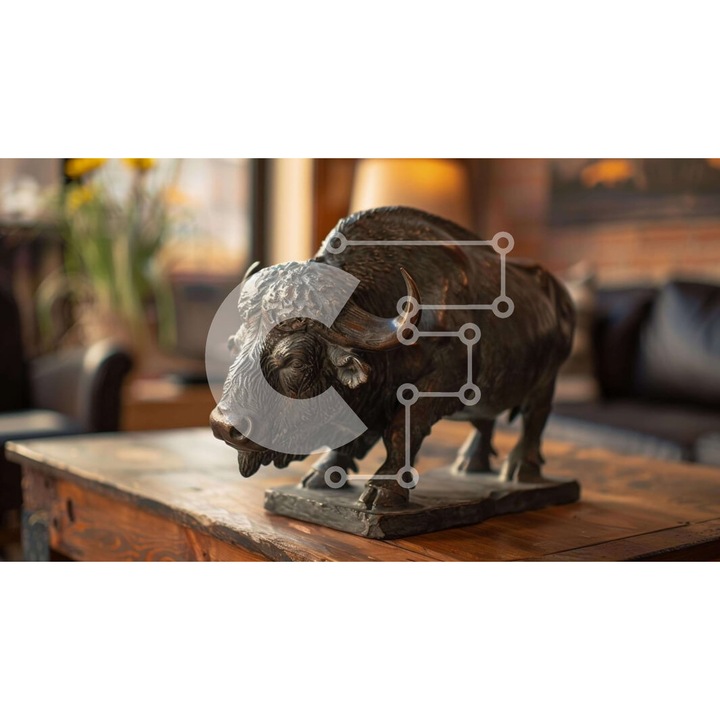 Puzzle Intrahome 10x10 cm, 25 piese, imagine cu masa din lemn si statuie de boubalou, cutie din lemn wenge