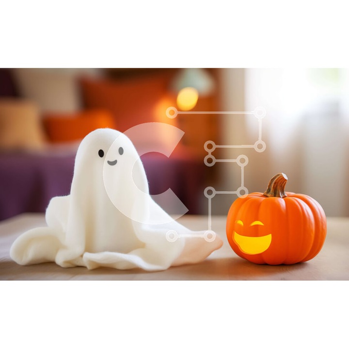 Puzzle din lemn Intrahome - Fantoma zambitoare si dovleac pe masa, 10x10 cm, 25 piese, set in cutie de lemn wenge