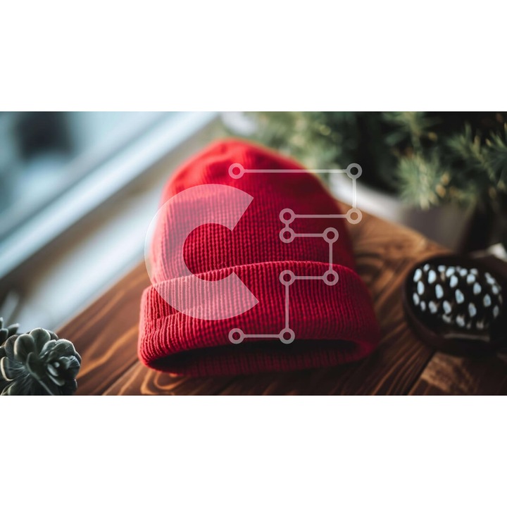 Puzzle Intrahome, 10x10 cm, 25 piese, imagine cu bobite rosii pe masa de lemn, planta in ghiveci, cutie din lemn wenge