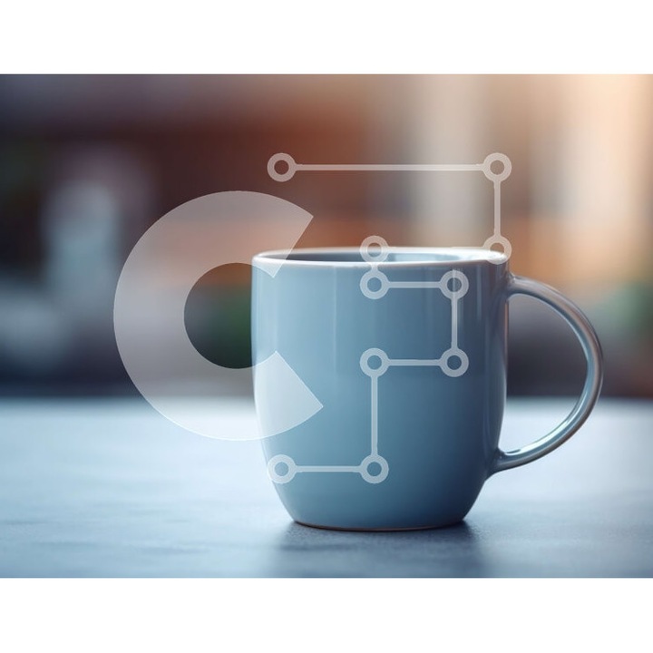 Puzzle din lemn Intrahome - Cupa de cafea pe masa cu vedere urbana, 10x10 cm, 25 piese, set in cutie de lemn wenge