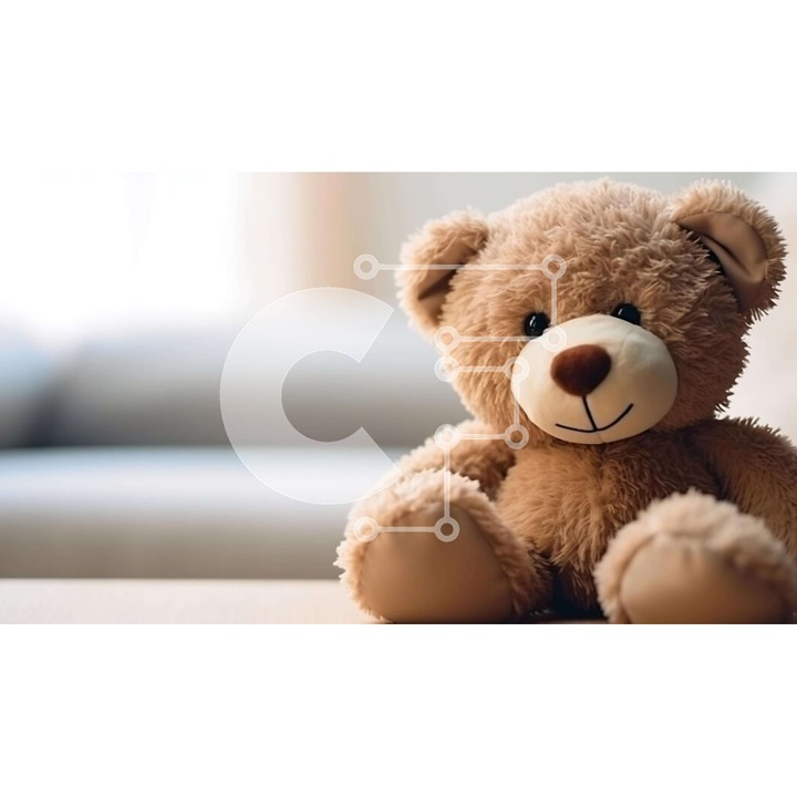 Puzzle din lemn Intrahome, 10x10 cm, 25 piese, imagine cu ursulet de plus la masa, cutie din lemn wenge