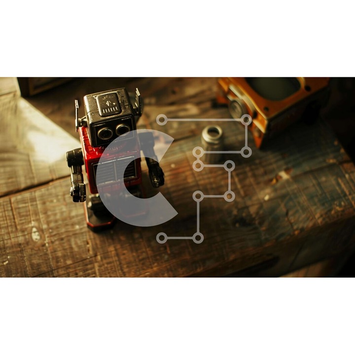 Puzzle Intrahome, 10x10 cm, 25 piese, imagine robot pe masa veche, cutie din lemn wenge