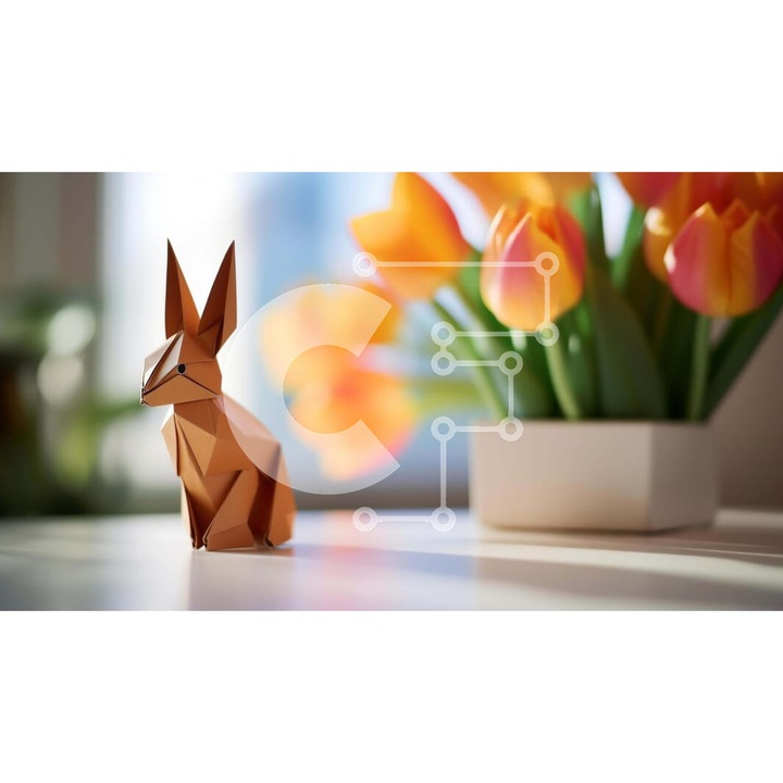 Puzzle din lemn Intrahome - Origami iepure si tulpini pe masa, 10x10cm, 25 piese, cutie din lemn wenge