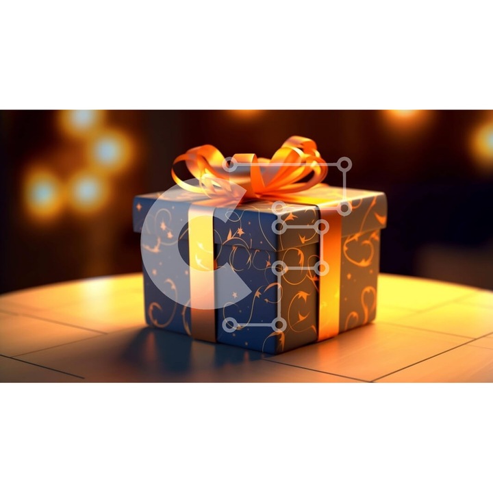 Puzzle din lemn Intrahome, cutie albastra cu panglica portocalie si lumini multicolore, 10x10cm, 25 piese, set.