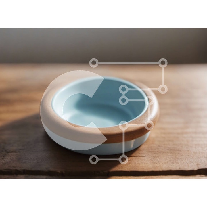 Puzzle din lemn Intrahome, 10x10cm, 25 piese, minge ceramica albastra cu margine din lemn pe masa din lemn, cutie din lemn wenge