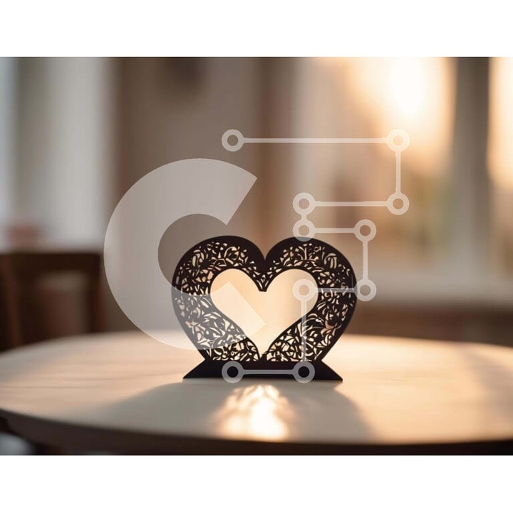 Puzzle din lemn Intrahome, 10x10cm, 25 piese, candela neagra in forma de inima pe masa de lemn, cutie din lemn wenge